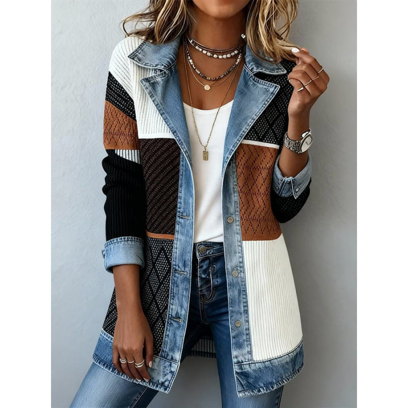 Veste en jean patchwork à col revers