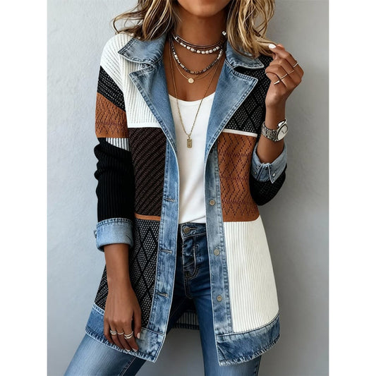 Veste en jean patchwork à col revers