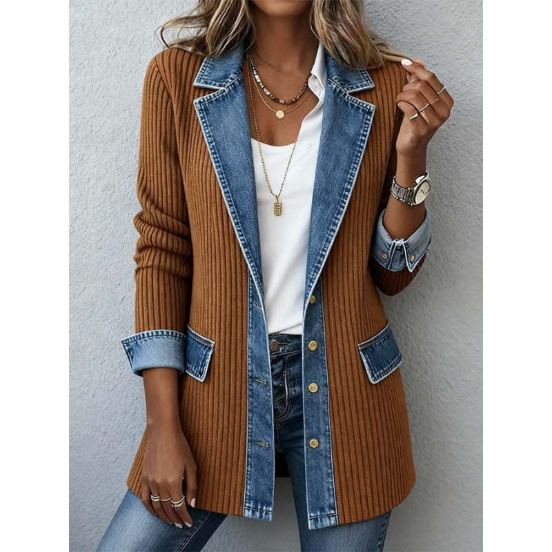 Veste en jean patchwork à col revers