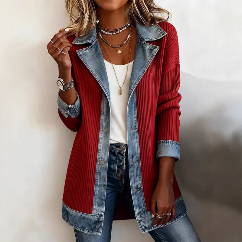 Veste en jean patchwork à col revers